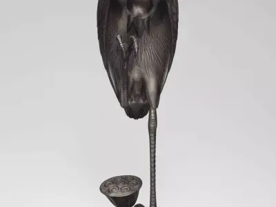 Bronze Heron Sculpture Realistic Bird Lotus Base Patina Finish Low-poly 3D model