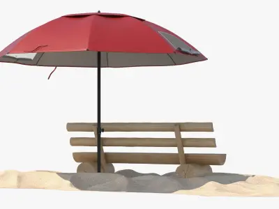 Beach Umbrella with Wooden Bench on Sand Red 3D model