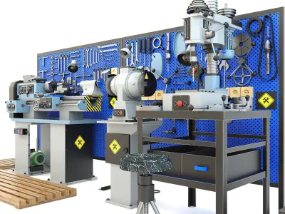 workbench garage tools and lathe grinder drilling machine 3D model