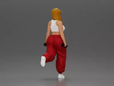 Strong woman power walking with dumbbells wearing top and pants 3D print model