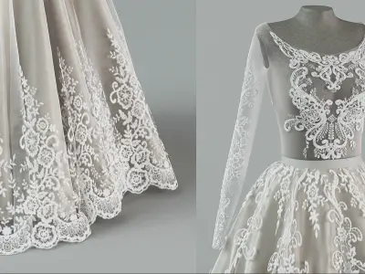 Wedding dress with train 3D model