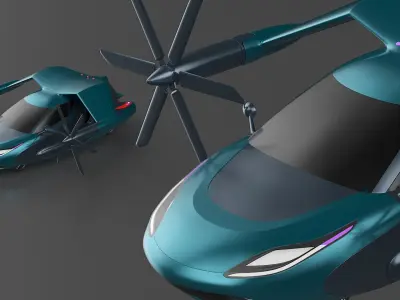  Concept Flying Car in Turquoise Color with Propellers 
