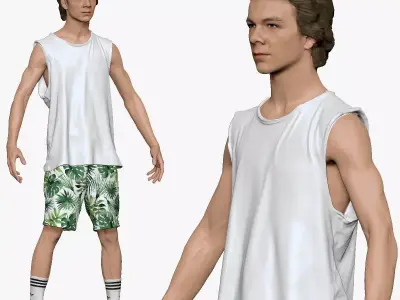 001247 junior boy in tank top palm shirts A pose Low-poly 3D model