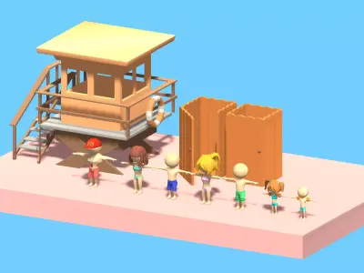 Beach Set 2 Beach Game Collection Stickmen LifeGuard and Prop Low-poly 3D model