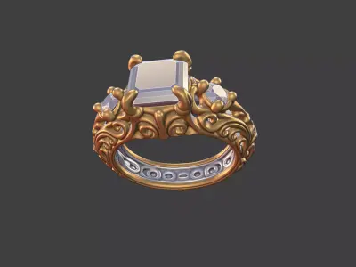 Ornate scrollwork silver and gold square faceted gemstone ring 3D print model