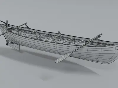 Rowboat wooden boat with two oars Low-poly 3D model