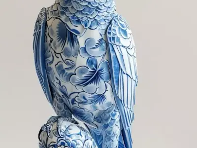 Porcelain Parrot Sculpture Oriental Ceramic Bird Floral  Low-poly 3D model