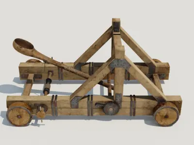 Catapult PBR 4K wooden cart Low-poly 3D model
