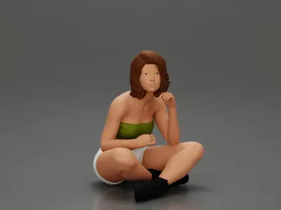 Pretty Girl with an Umbrella in bra and Shorts Sitting 3D print model