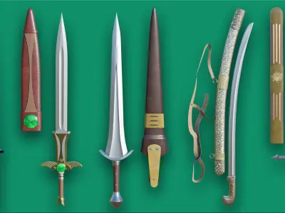 10 Swords Collection PBR Unity UE Arnold V-Ray Textures Included 3D Model Pack