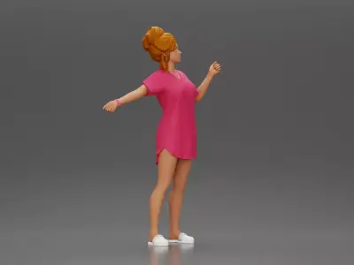Woman in pink dress dancing joyfully with raised arms sideways 3D print model