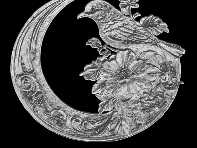 Celestial Harmony Bird and Moon with Floral Elegance 3D print model