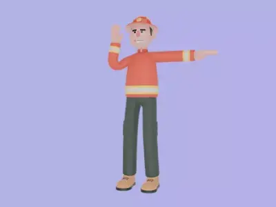 Stylized 3D Firefighter Giving Stop Sign - Cartoon Fireman 3D model