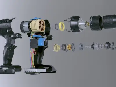 Drill Animated with All Parts Low-poly 3D model