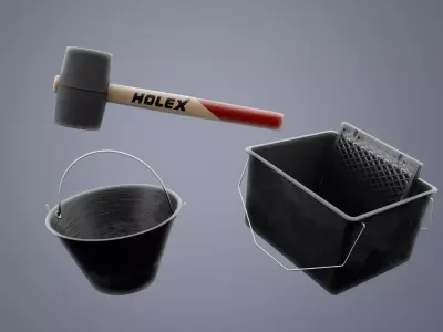 Bucket - Rubber Hammer - Paint scuttle with roller grid Low-poly 3D model