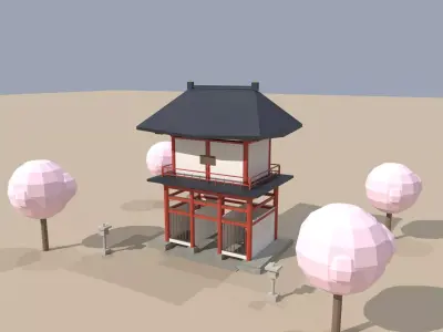 Japanese Romon Two-Story Temple Gate 3D Model Low Poly Low-poly 3D model