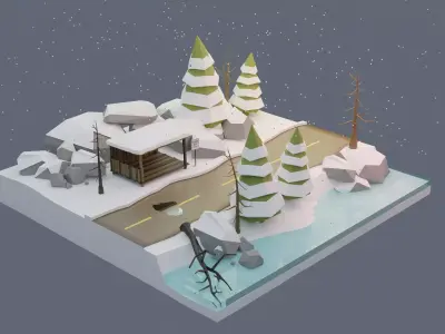 Winter Scene Animated Low-poly 3D model