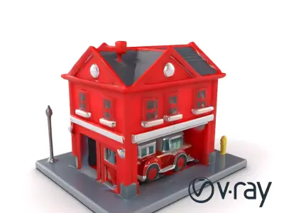 Whimsical Fire Station Red Facade Cartoon Model Pack Low-poly 3D model