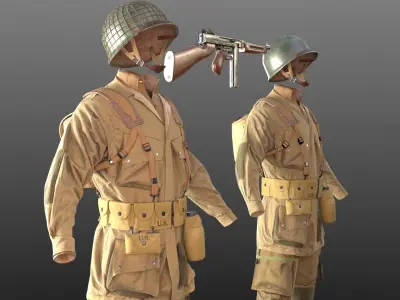 WW2 US Paratrooper and THOMPSON M1A1 Low-poly 3D model