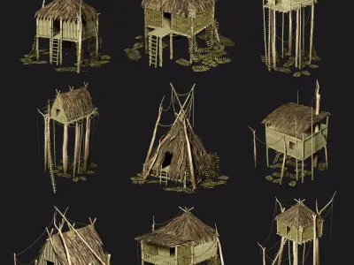 JUNGLE SWAMP STILT HUT SHELTER COTTAGE AAA COLLECTION Low-poly 3D model
