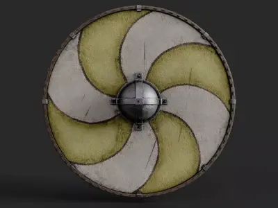 Slavic round leather shield-painted yellow and white sun wheel Low-poly 3D model