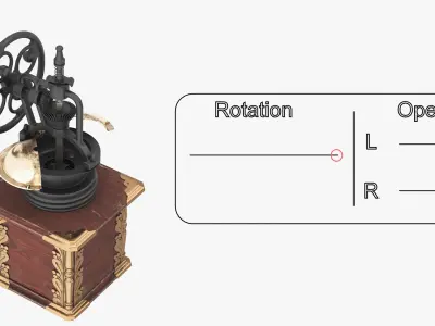 Retro Cast Iron Coffee Grinder on Carved Wood Chest Brown Gold Rigged 3D model