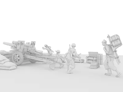 Korean soldiers firing 105mm howitzers during the Korean War 3D model