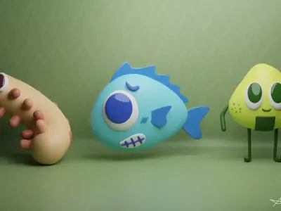 3 Cute Creatures ONIGIRI  FISH  WORM Low-poly 3D model