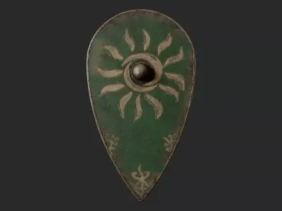 Slavic kite leather shield-painted green with Sun symbol Low-poly 3D model