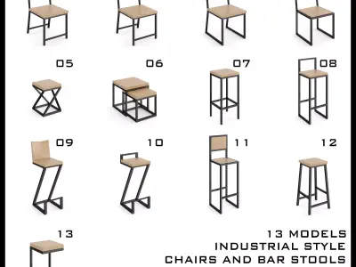 Industrial chairs and bar stools - Pack with 13 models 3D model