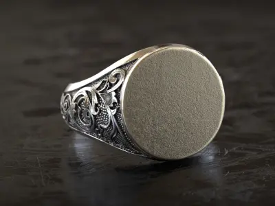 Plain Gold Top Signet Ring with Side Pattern  3D print model