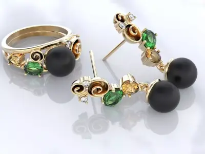 Stylish antique set of earrings and a ring for pearls 389 3D print model