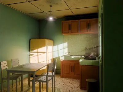 Kitchen with yellow refrigerator and green wall Low-poly 3D model