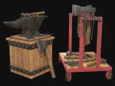 Anvil with Ironwork Tools and Rack 1 Low-poly 3D model