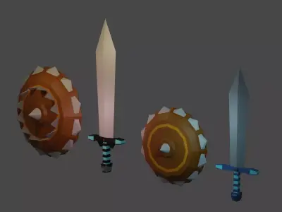 War sword and shield for game  Free low-poly 3D model
