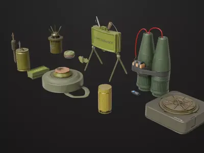 Mine Bomb Collection Single Mat All PBR Unity UE Textures Low-poly 3D model