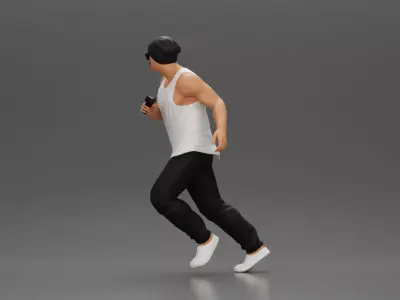 Gangster Man in Beanie Tank Pants Sneakers Running with Gun 3D print model