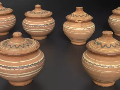 Rustic Antique Clay Pot Set Low-poly 3D model