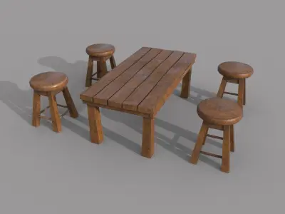 Wooden Stool and Table Low-poly 3D model