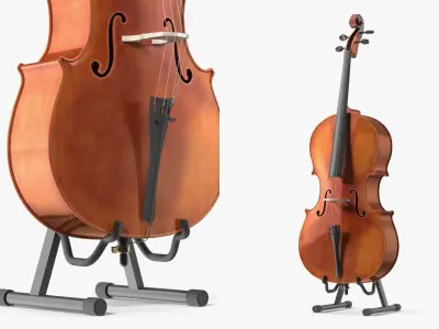 Wooden Cello on Metal Floor Stand Brown 3D model