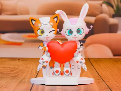 Chibi Robot Heart Duo Diorama  Free 3D print model
