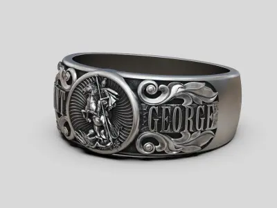 Saint George band ring baroque scrolls 3D print model