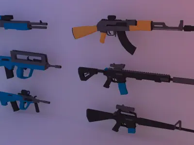 Low poly pack guns Animated - AK-47 - M16 - AR15 -UZI- 3D model  Low-poly 3D model