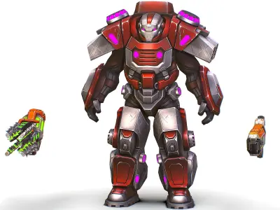 Cartoon Sci-Fi Cyborg Drone Heavy Machine Gunner Low-poly 3D model 5
