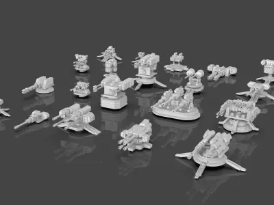 Turret and AA Gun Defense Pack - 3 - 20 Props - Untextured 3D model