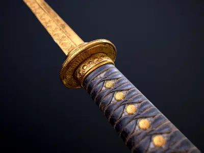 Golden Katana Sword PBR Game-Ready Low-poly 3D model