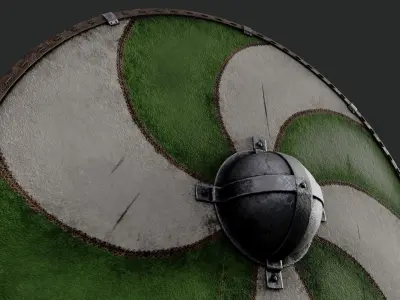 Slavic round leather shield-painted green and white sun wheel Low-poly 3D model