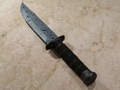 Military knife with damascus steel blade Low-poly 3D model