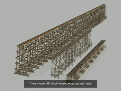 Locomotive and three bridge trestle complete materials PBR 3D Model Pack