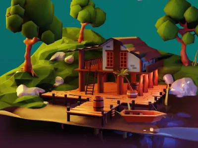 Low Poly isometric Lake House Day and Night version Low-poly 3D model